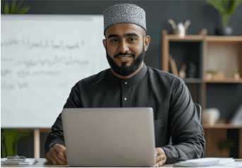 muslim-businessman-presenting-work-laptop-whiteboard-background-clean